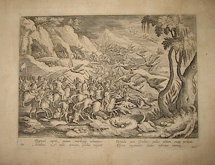 Collaert Adriaen (1560 ca.-1618) Pygmaei capris, ovium maribuscque vehuntur... (Lotta tra pigmei e gru) 1596 Anversa 